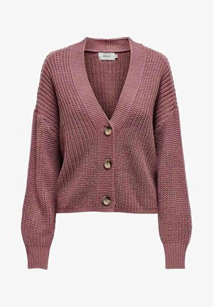 Knitted cardigan in dusty rose with a V-neck, three large buttons, ribbed cuffs, and a textured pattern throughout the fabric.