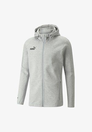 Grijze zip-up hoodie gemaakt van zacht stof, met een capuchon, twee zijzakken en een zwart Puma-logo op de linkerborst.