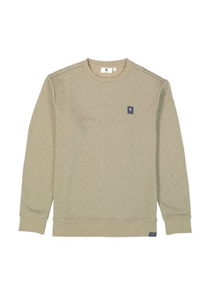 Beiger Pullover mit strukturiertem Zickzackmuster, gerippten Bündchen und Saum sowie einem kleinen Logopatch auf der Brust. Klassisches Rundhals-Design.