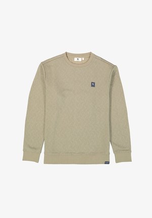 Beiger Pullover mit strukturiertem Zickzackmuster, gerippten Bündchen und Saum sowie einem kleinen Logopatch auf der Brust. Klassisches Rundhals-Design.