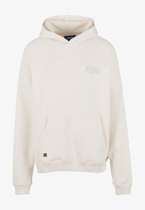 Kremo spalvos dėvimas džemperis, pagamintas iš minkštos medžiagos, su priekinėmis kišenėmis, su kapučiu ir mažą šviesiai mėlyną logotipą krūtinėje.