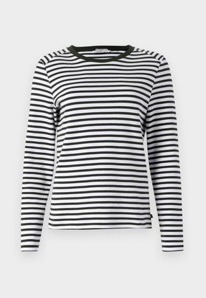 Langærmet skjorte i sort og hvid stribet design med en rund, grøn halsudskæring. Blødt stof med normal pasform og lige søm.