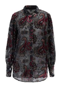Blusa nera trasparente con motivo paisley in bordeaux e grigio. Presenta un collo con revers e bottoni sul davanti, con maniche a sbuffo.