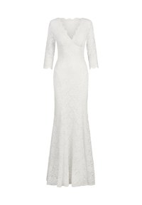 Weißes Spitzenkleid mit langen Ärmeln, V-Ausschnitt, figurbetontem Schnitt und ausgestellt Rock. Mit floralen Mustern im gesamten Stoff.