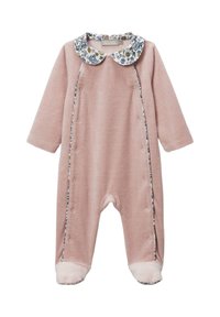 Combinaison légère rose avec un col à imprimé floral, fermetures à pression sur le devant, tissu doux et accents de pieds en peluche. Manches longues et design avec pieds.