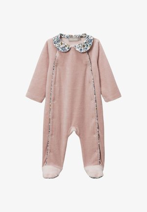 Combinaison légère rose avec un col à imprimé floral, fermetures à pression sur le devant, tissu doux et accents de pieds en peluche. Manches longues et design avec pieds.