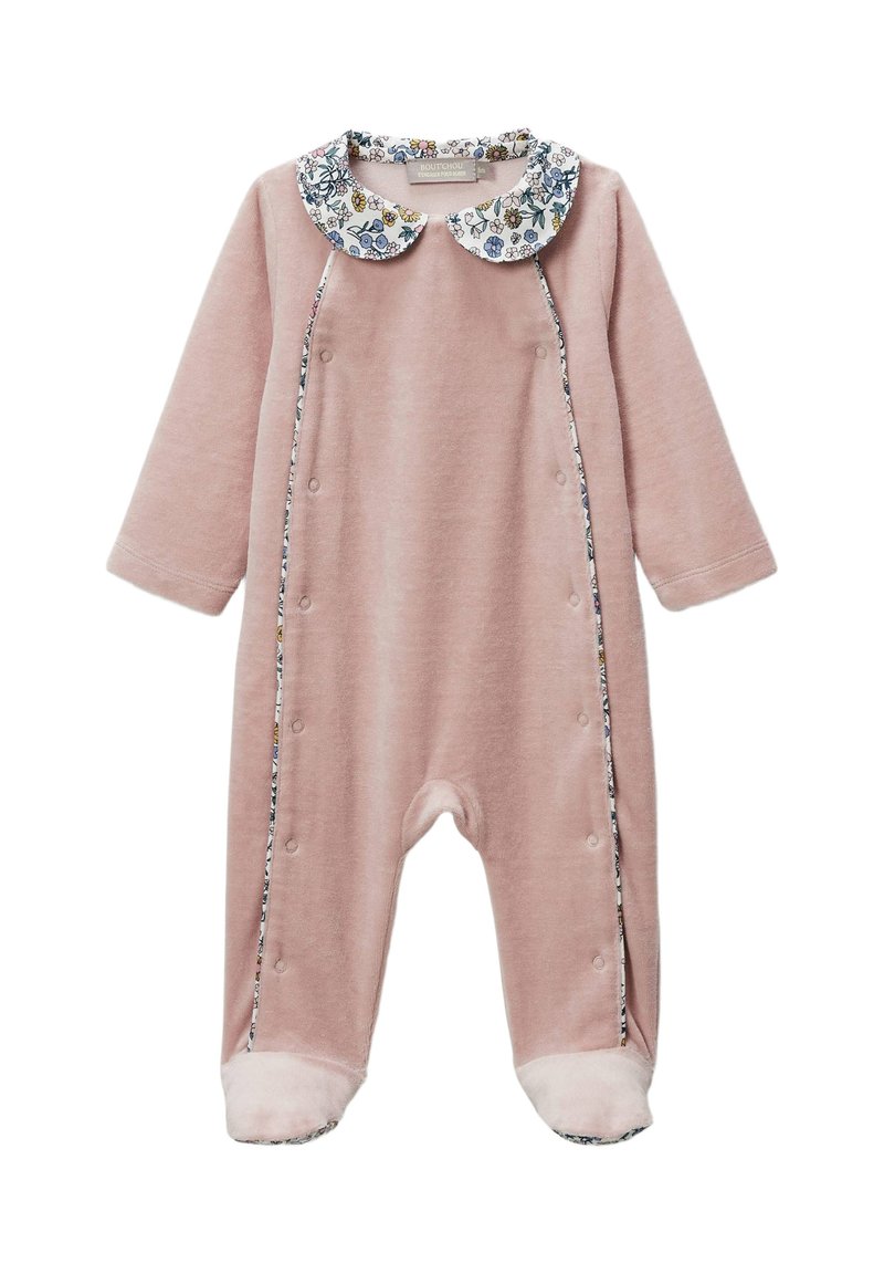 Combinaison légère rose avec un col à imprimé floral, fermetures à pression sur le devant, tissu doux et accents de pieds en peluche. Manches longues et design avec pieds.