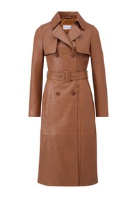 Brown leather trench coat with a belted waist, double-breasted buttons, wide collar, and a smooth texture. Features a classic mid-length design.