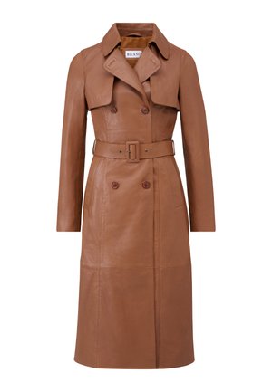 Bruine leren trenchcoat met een verstelbare taille, dubbelzijdige knopen, brede kraag en een gladde textuur. Beschikt over een klassiek halflang ontwerp.