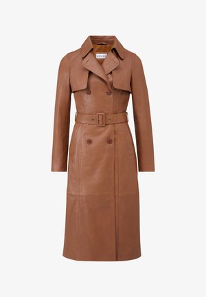 Brown leather trench coat with a belted waist, double-breasted buttons, wide collar, and a smooth texture. Features a classic mid-length design.