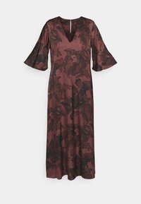 Vestido longo em V de cor bordô profundo com padrões abstratos pretos. Apresenta mangas em sino e fecho com zipper nas costas. Tecido suave.