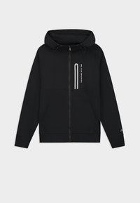 Zwarte rits hoodie met een gevoerde capuchon, voorzakken en een wit grafisch ontwerp op de bovenste linkerzijde. Geweven stof met een gladde afwerking.