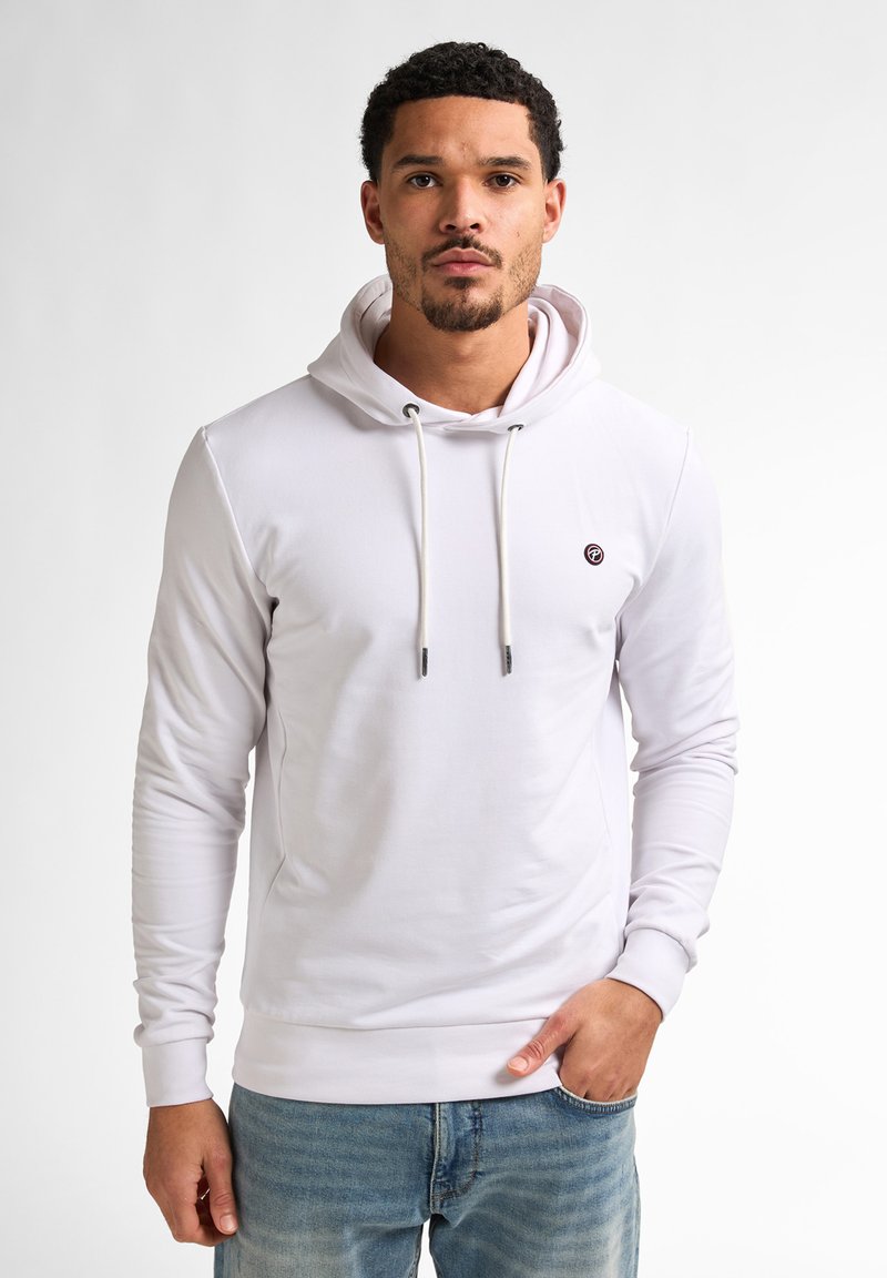 Felpa bianca con cappuccio e cordini, e un piccolo logo sul petto. Realizzata in un materiale liscio, presenta maniche lunghe e una vestibilità comoda.