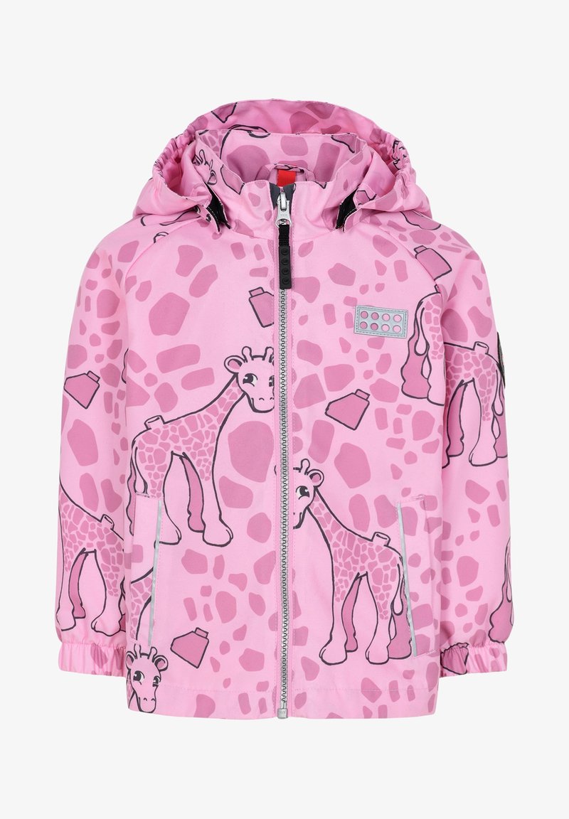 Veste rose pour enfants avec capuche, ornée de girafes dessinées et de motifs de blocs de jouets, fermeture éclair devant et poignets élastiques.