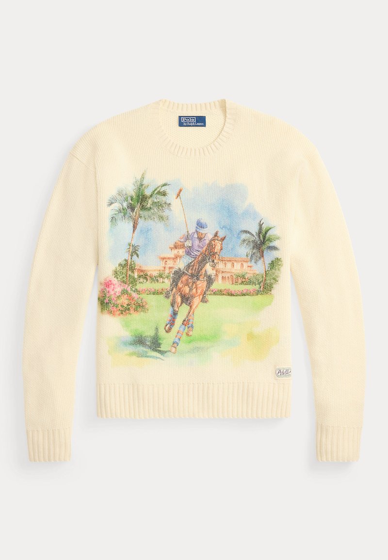 Maglione crema in maglia con un giocatore di polo colorato a cavallo, palme e una villa sullo sfondo sulla parte anteriore.