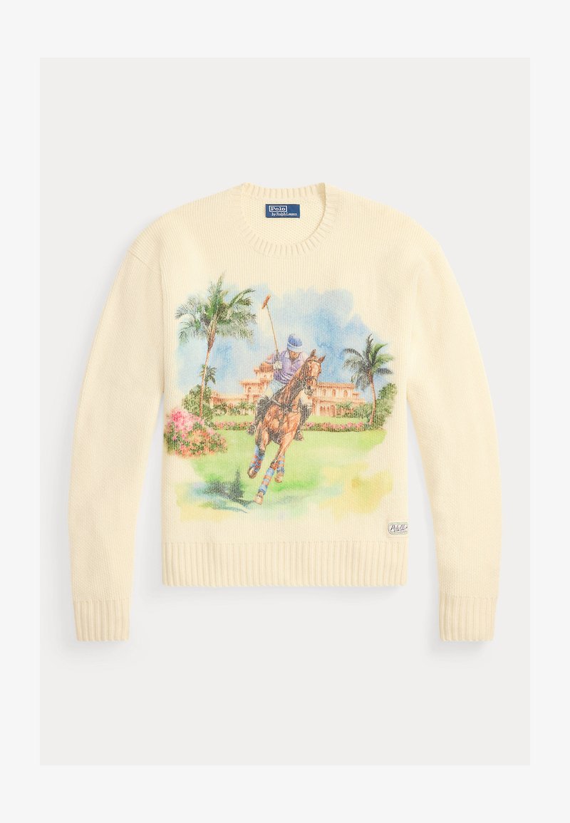 Maglione crema in maglia con un giocatore di polo colorato a cavallo, palme e una villa sullo sfondo sulla parte anteriore.