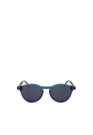 Occhiali da sole rotondi con montatura blu, lenti scure e aste corte, mostrati su sfondo bianco.