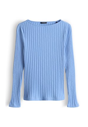 Top met lange mouwen en ribstructuur in lichtblauw. Heeft een ronde hals en uitlopende manchetten. Zachte stof met een textuureffect.
