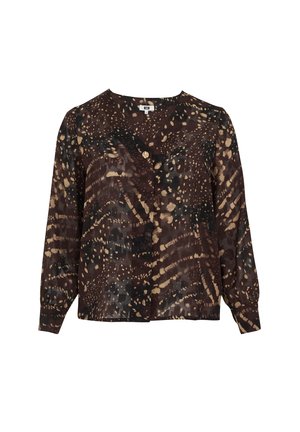 Blusa a maniche lunghe con motivo marrone e nero, chiusura a bottoni e un tessuto morbido e texturizzato caratterizzato da disegni astratti e macchiati.