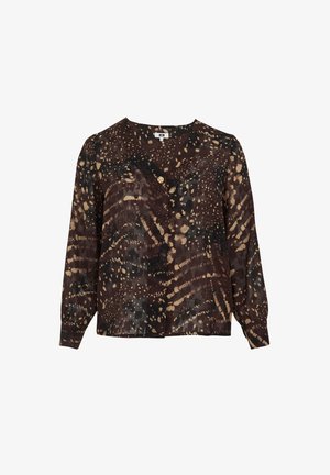 Braun und schwarz gemusterte Bluse mit langen Ärmeln, Knopfverschluss und einem weichen, strukturierten Stoff mit abstrakten, gesprenkelten Designs.