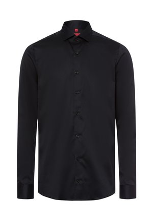 Schwarzes Langarmhemd aus glattem Stoff mit kragenfreiem Ausschnitt, durchgehender Knopfleiste und geknöpften Manschetten. Standardpassform ohne Muster.