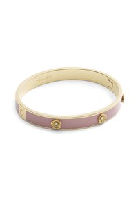 Gold-tone bangle bracelet featuring a smooth pink enamel band. Notable floral accents with embedded crystals enhance the design.