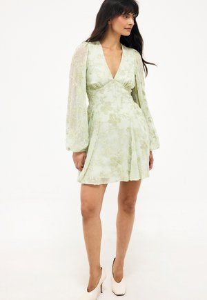 Žena má na sebe svetlozelené kvetinovo vyšívané šaty s dlhými priehľadnými naberanými rukávmi a biele vysoké opätky, stojaca na bielom pozadí.