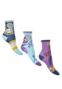 Tres pares de calcetines infantiles: azules con Elsa, celestes con figuras abrazándose, y morados con Anna, que presentan diseños de punto detallados y puños con volante.