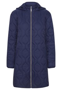 Cappotto imbottito blu navy con cappuccio, caratterizzato da una chiusura frontale con zip e da un motivo testurizzato di forme arrotondate. Tessuto morbido e liscio.