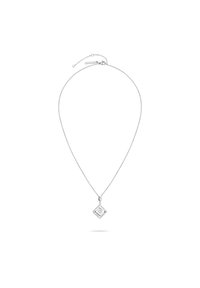 Zilveren ketting met een gepatterneerde diamantvormige hanger. De ketting heeft kleine schakels en een verstelbare sliding om de lengte aan te passen.