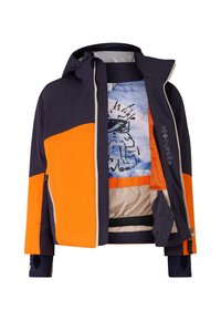 Voděodolná lyžařská bunda v námořnické modré a oranžové barvě s kapucí, plným zipem, vnitřní síťovinovou podšívkou a grafickým potiskem na vnitřní straně zadního panelu.