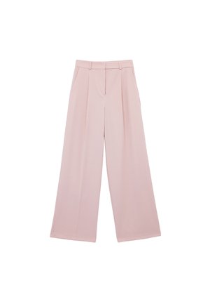 Pantalones de pierna ancha en rosa pálido, hechos de un tejido ligero; cuentan con pliegues, bolsillos laterales y una textura suave para un ajuste relajado.