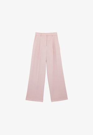 Pantalones de pierna ancha en rosa pálido, hechos de un tejido ligero; cuentan con pliegues, bolsillos laterales y una textura suave para un ajuste relajado.
