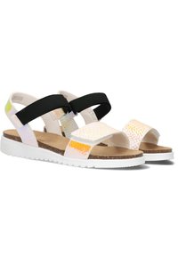 Holografische Sandalen mit strukturiertem Obermaterial, schwarzen elastischen Riemen, Korkfußbett und weißer Gummisohle. Offene Zehenform mit verstellbarem Sitz.
