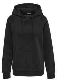 Svart hoodiekapuschong i mjukt material, med dragsnöre i huvan, raglanärmar och ribbade muddar och nederkant för en bekväm passform.