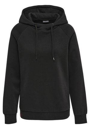 Zwarte hoodie van zacht materiaal, met een trekkoordcapuchon, raglanmouwen en ribgebreide manchetten en onderrand voor een comfortabele pasvorm.