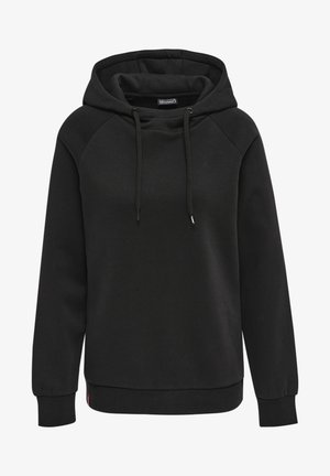 Zwarte hoodie van zacht materiaal, met een trekkoordcapuchon, raglanmouwen en ribgebreide manchetten en onderrand voor een comfortabele pasvorm.
