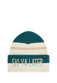 Breipet met een teal bovenkant, een crèmekleurige band en beige strepen; voorzien van de tekst "SKI YA LATER" in blokletters over de band.