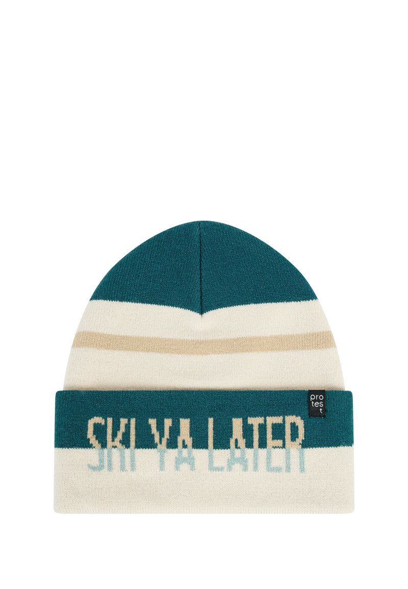 Breipet met een teal bovenkant, een crèmekleurige band en beige strepen; voorzien van de tekst "SKI YA LATER" in blokletters over de band.