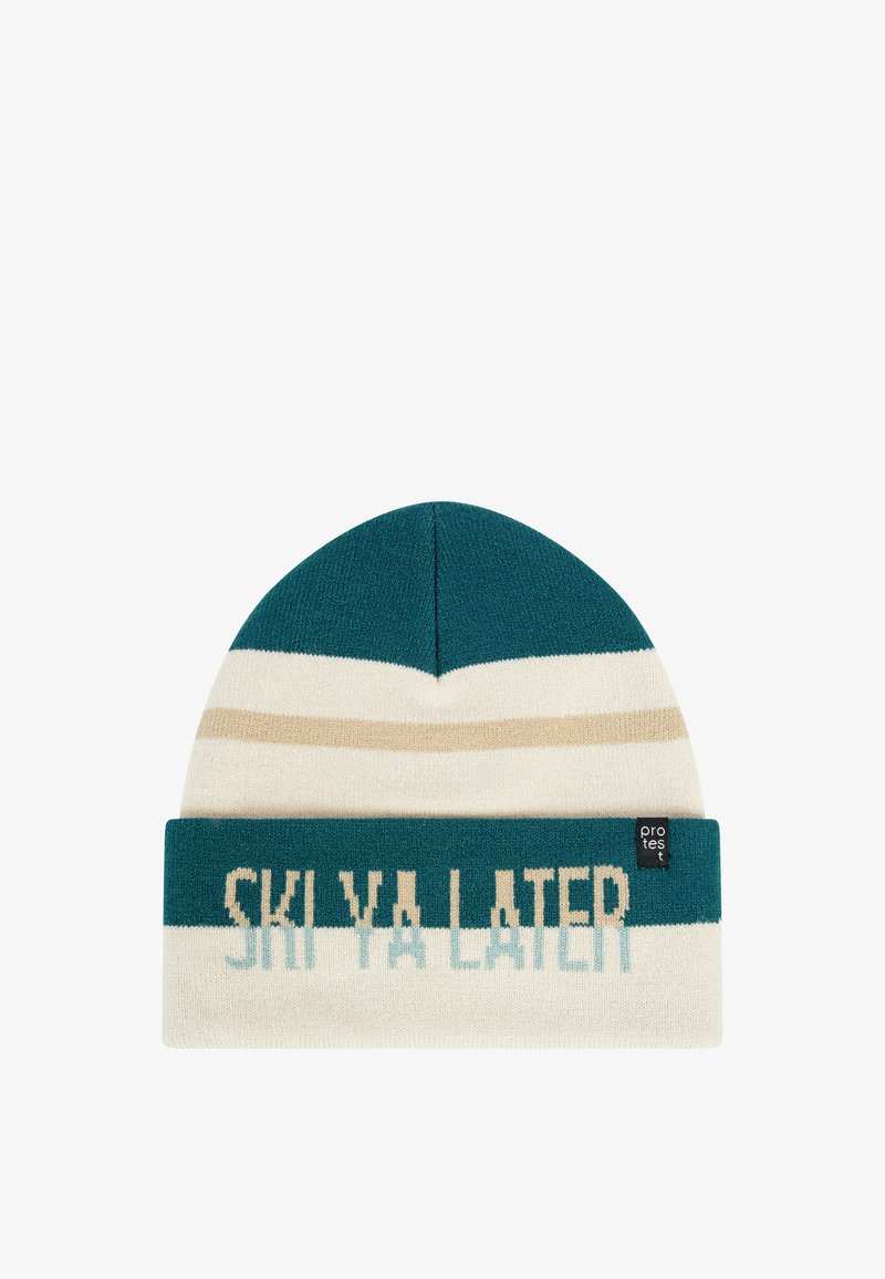 Breipet met een teal bovenkant, een crèmekleurige band en beige strepen; voorzien van de tekst "SKI YA LATER" in blokletters over de band.
