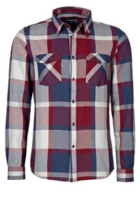 Långärmad skjorta med knappar i röd, blå, vit och grå stor rutig mönster och två bröstfickor framtill med knapplock.