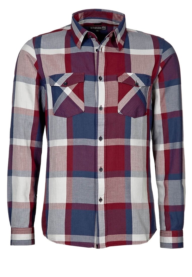 Långärmad skjorta med knappar i röd, blå, vit och grå stor rutig mönster och två bröstfickor framtill med knapplock.