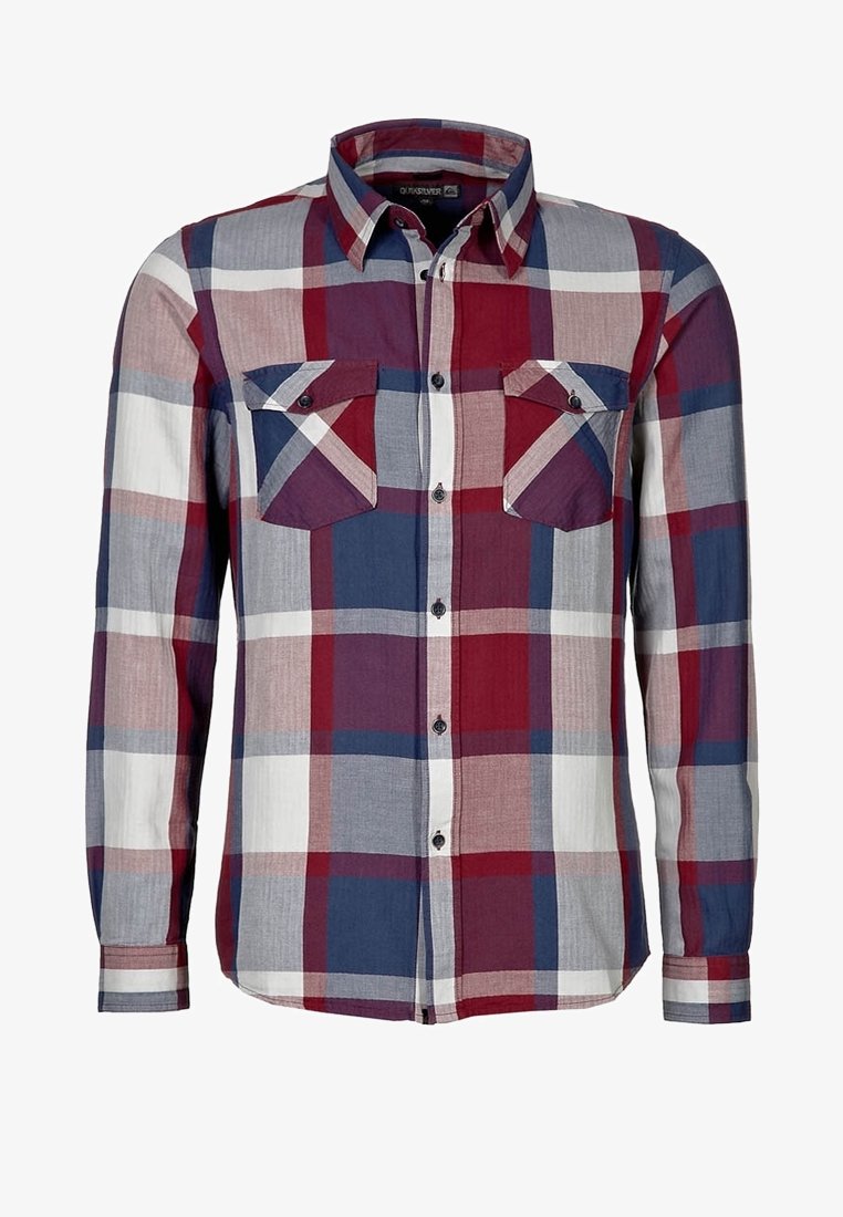Långärmad skjorta med knappar i röd, blå, vit och grå stor rutig mönster och två bröstfickor framtill med knapplock.