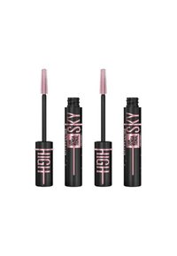 Tube de mascara noir avec des accents roses, présentant un applicateur en poils texturés. Comprend deux tubes ouverts et un tube fermé en position centrale.