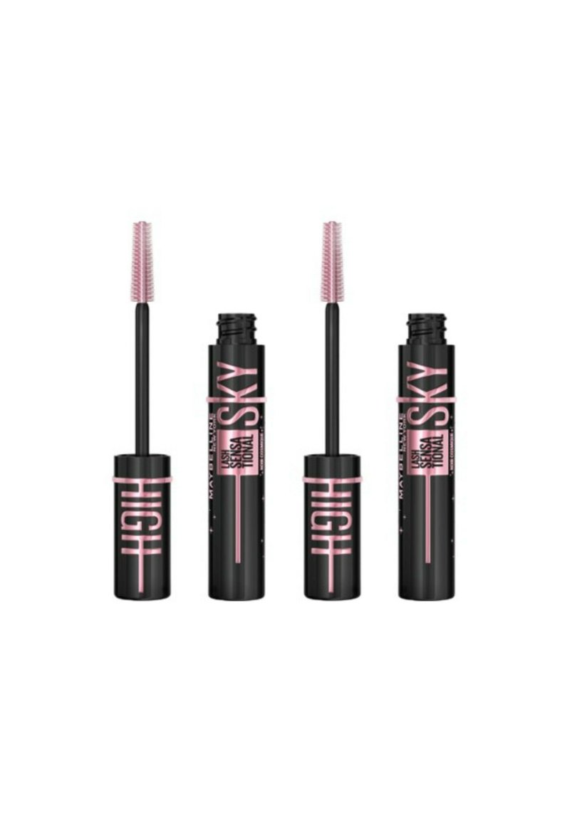 Tube de mascara noir avec des accents roses, présentant un applicateur en poils texturés. Comprend deux tubes ouverts et un tube fermé en position centrale.