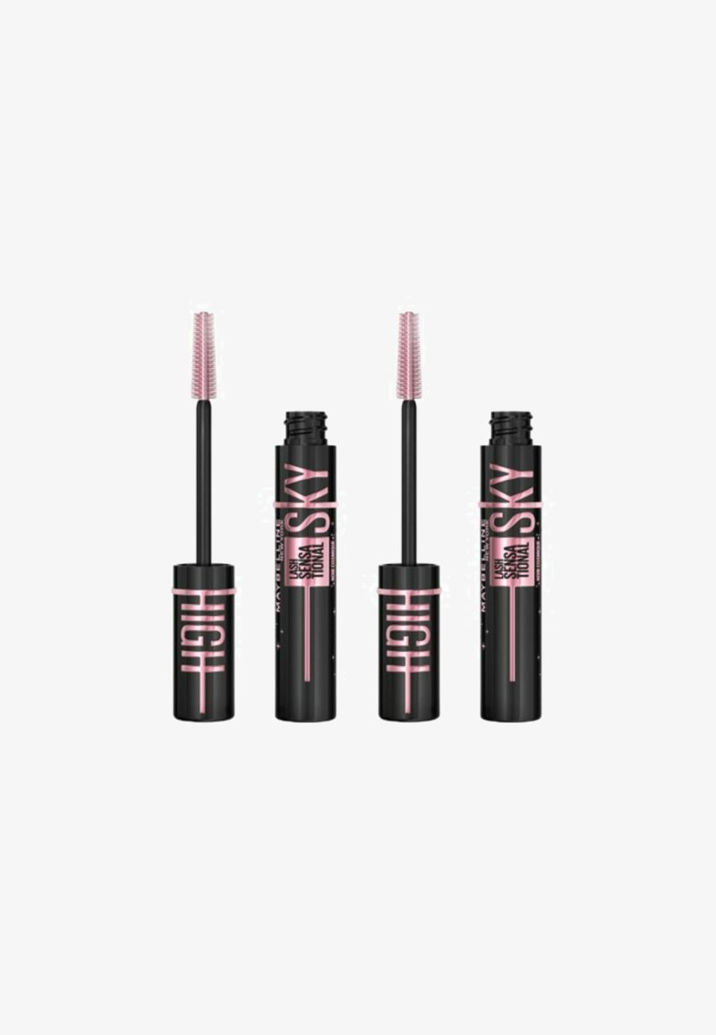 Tube de mascara noir avec des accents roses, présentant un applicateur en poils texturés. Comprend deux tubes ouverts et un tube fermé en position centrale.