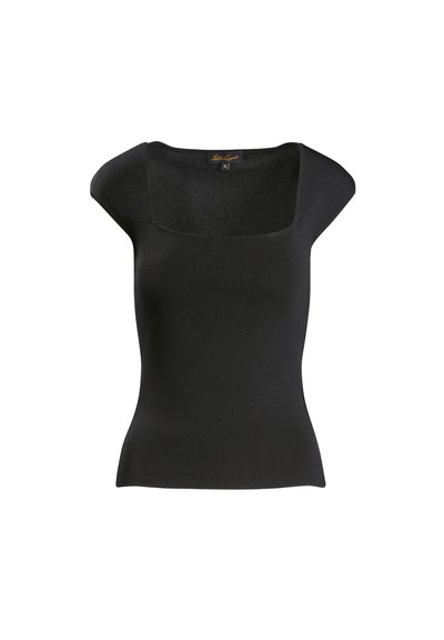 Top scurt negru, cu decolteu pătrat, realizat dintr-un material tricotat texturat. Croi slim, design simplu, potrivit pentru straturi.