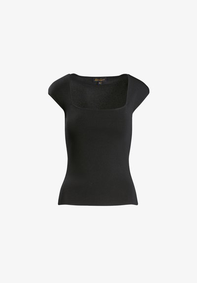 Juoda trumpa rankovė viršutinė dalis su kvadratine iškirpte, pagaminta iš tekstūruoto mezginio audinio. Liesas siluetas, švarus dizainas, tinkantis sluoksniavimui.