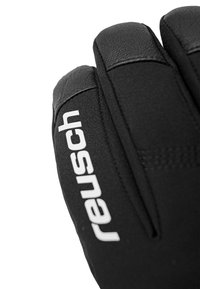 Guanti sportivi neri realizzati in materiale sintetico testurizzato, con sezioni delle dita rinforzate e branding "reusch" bianco sul lato.