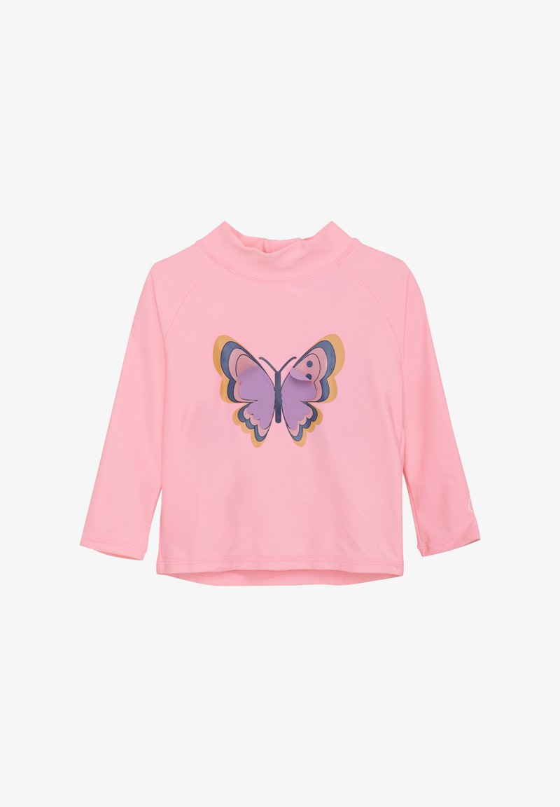 Roze lange mouwtop van zachte stof met een grote paarse vlinderafbeelding in het midden en een high collar ontwerp.